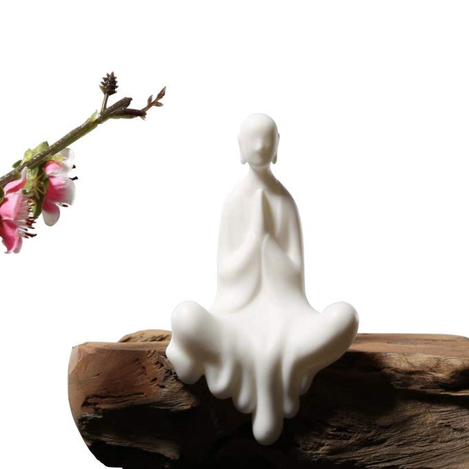 WHITE CERAMIC CUTE SITTING BUDDHA STATUE BEAUTIFUL SCULPTURE PRAYING HANDS MEDITATION MONK FIGURINE PEACEFUL LITTLE STATUE HOME DECOR ORNAMENTS DELICATE CRAFTS HANDMADE 4 INCH TALL 1