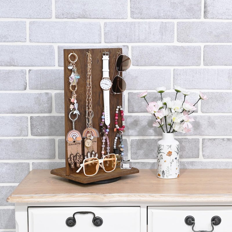 Ikee Design Wooden Rotating Two-Sided Jewelry Display Stand, Rotating Organizer with 32 Hooks for Store, Earring Keychain Display with Hooks, Brown color, 9 W x 7.5 D x 16.5 H in - Image 5