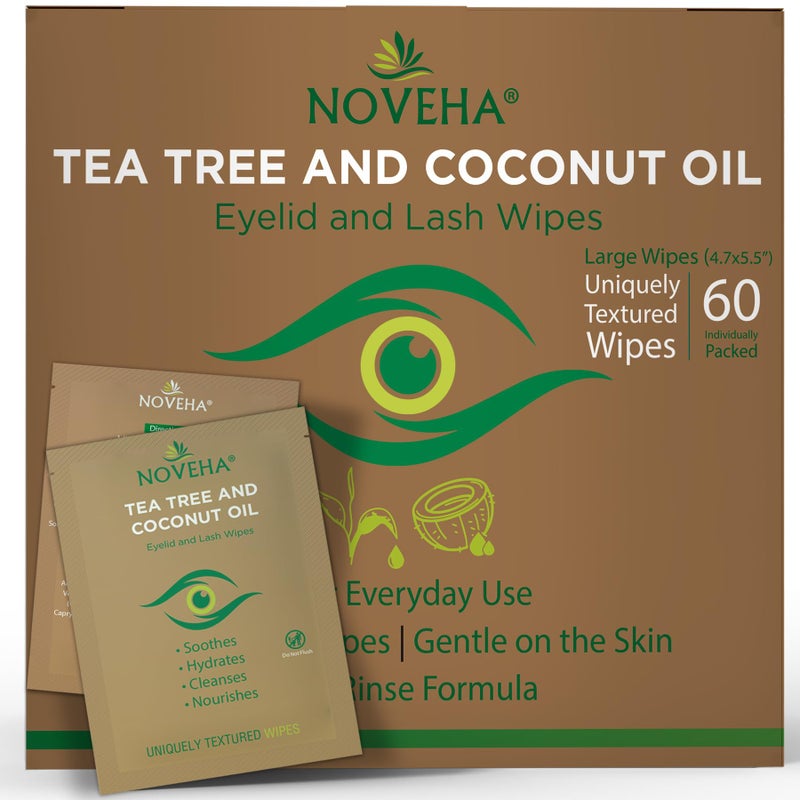NOVEHA Tea Tree  Coconut Oil Eyelid  Lash Wipes  For Demodex Blepharitis  Itchy Eyes Box Of 60 Individually Wrapped Eyelash Wipes With Aloe Vera Natural Makeup Remover  Daily Eye Cleanser