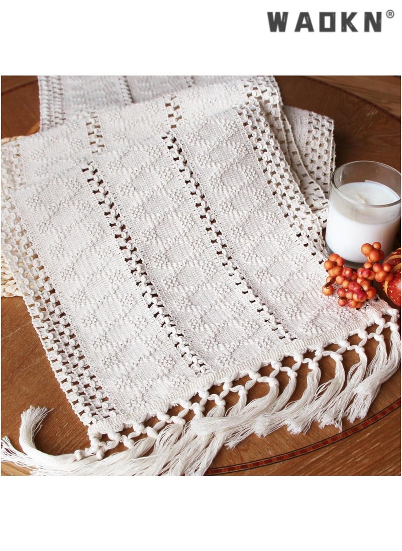 WAOKN Cream Boho style 100% cotton fabric Easy way to decorate your home w/ this Modern dining room  w/ Tassels ，Elegant  farmhouse design 14x60 ''  - Image 1