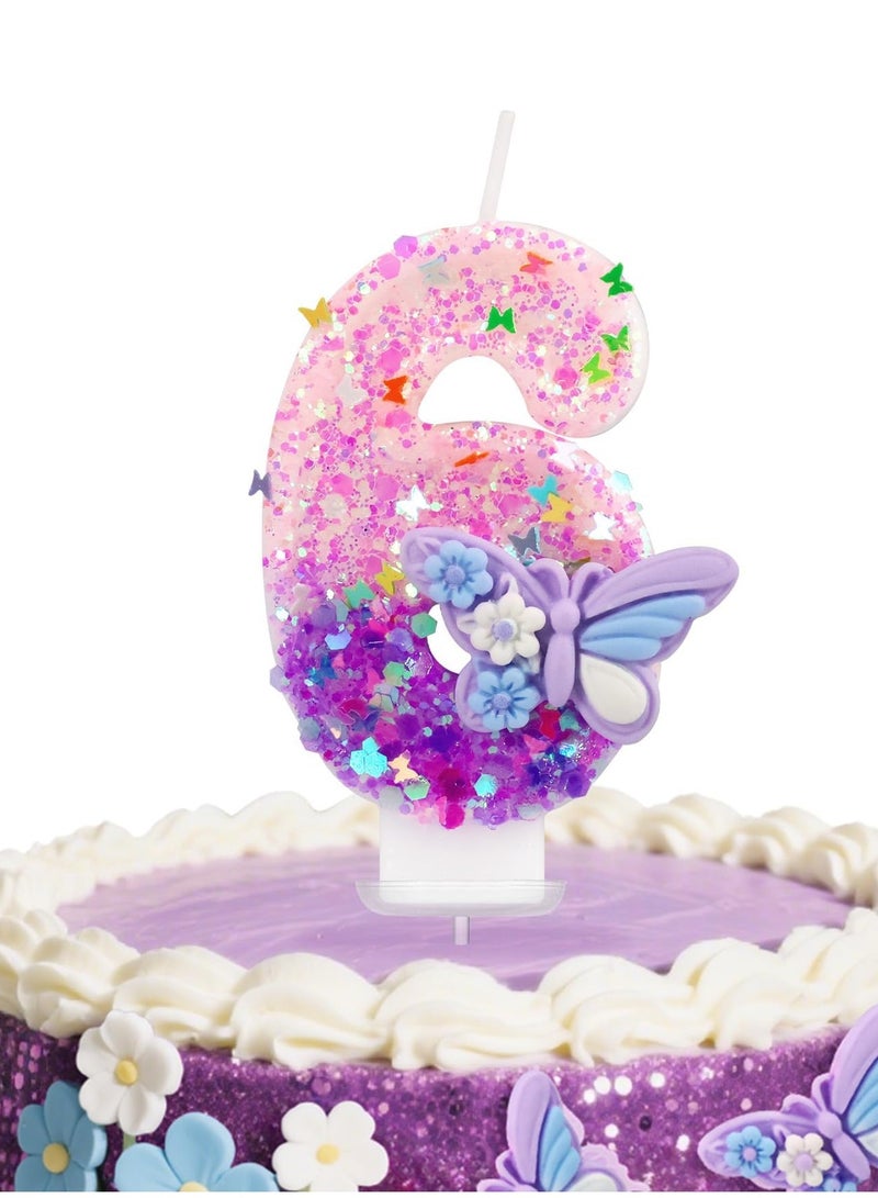 Birthday Candles Butterfly Birthday Candles for Cake Glitter Number 6 Candle Cake Topper with Sequins  - Image 1