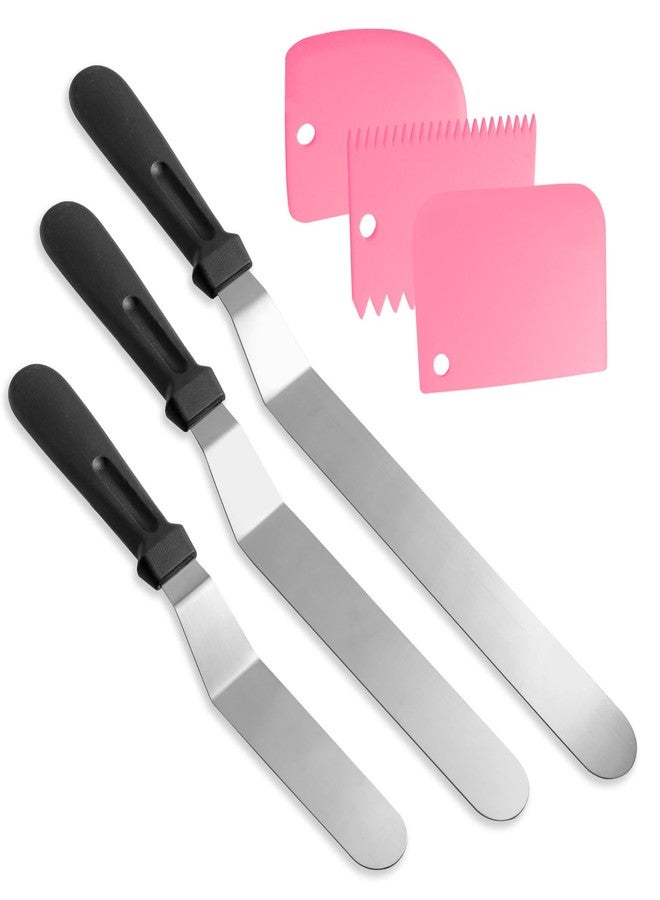 Litoexpe 6 Pack Stainless Steel Icing Spatulas with 3 Pink Cake Smoother Scrapers, Angled Cake Spatulas Cake Smoother Scrapers, Frosting Offset Spatula Set for Cake Decorating Baking (6", 8", 10") - Image 1