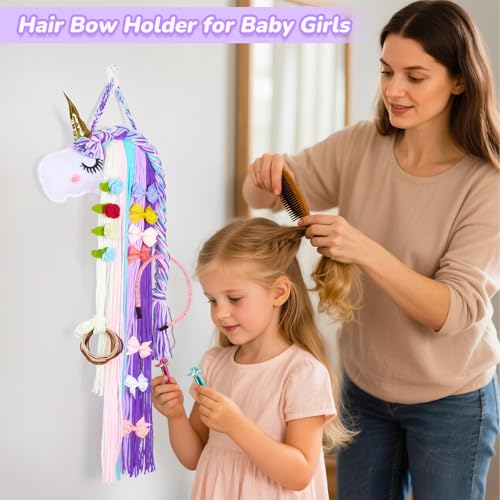 Basumee Unicorn Hair Bow Holder for Girls Wall Hanging Decor and Baby Hair Clip Hanger Organizer, Cyan Lavender - Image 2