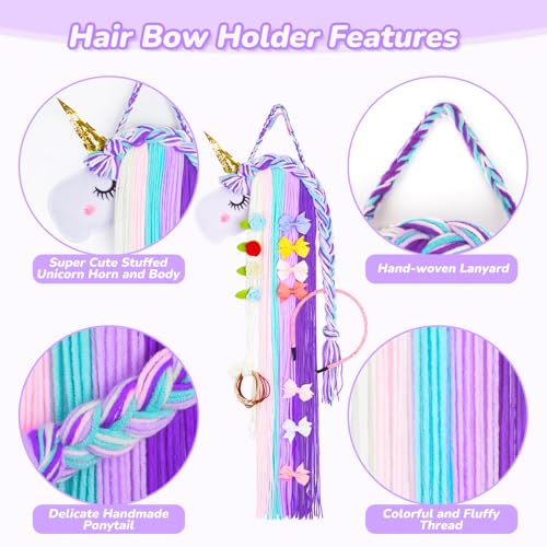 Basumee Unicorn Hair Bow Holder for Girls Wall Hanging Decor and Baby Hair Clip Hanger Organizer, Cyan Lavender - Image 3