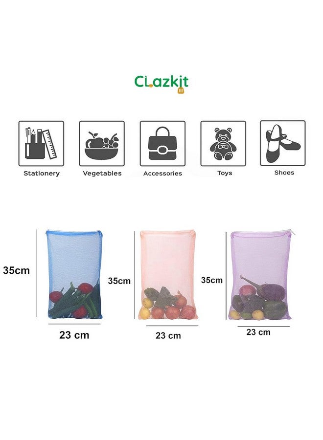 Clazkit Set Of 12 Reusable Fridge Storage Bags For Vegetables and Fruits Dual Layer Mesh Net Multipurpose Multi-Size Kitchen Storage Bags Organizer with Sturdy Zipper - Image 3