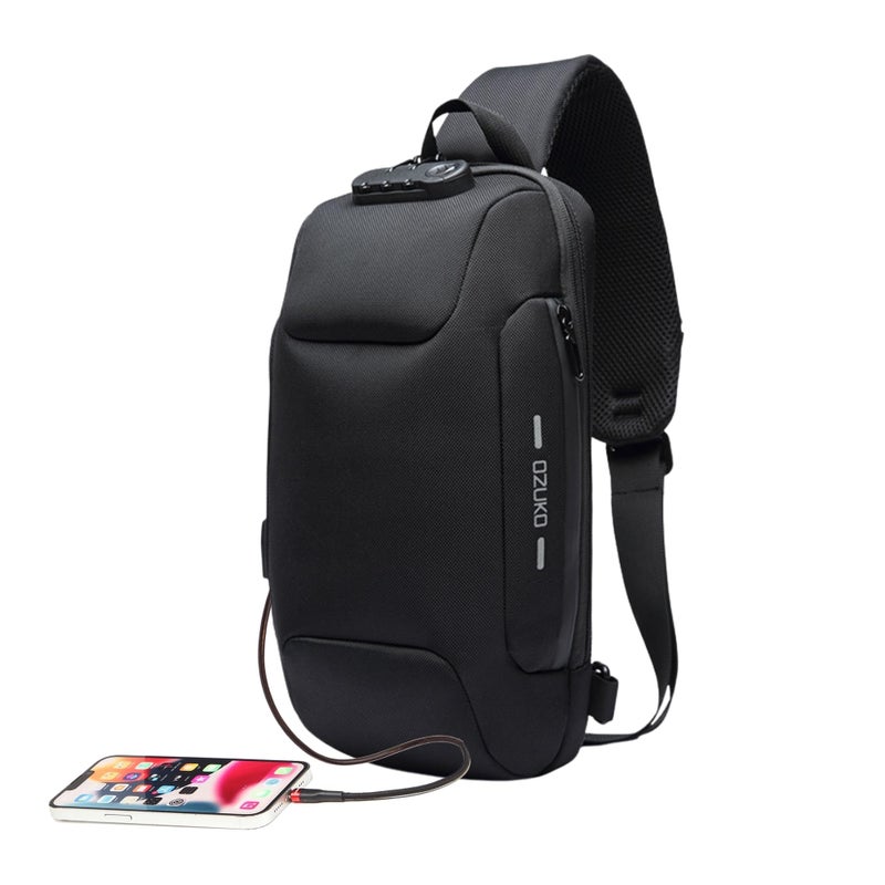 OZUKO Anti-Theft Sling Crossbody Shoulder Backpack for Men With USB Port and Reflective Details, Everyday Carry Bag, Medium, Black, 9223 - Image 1