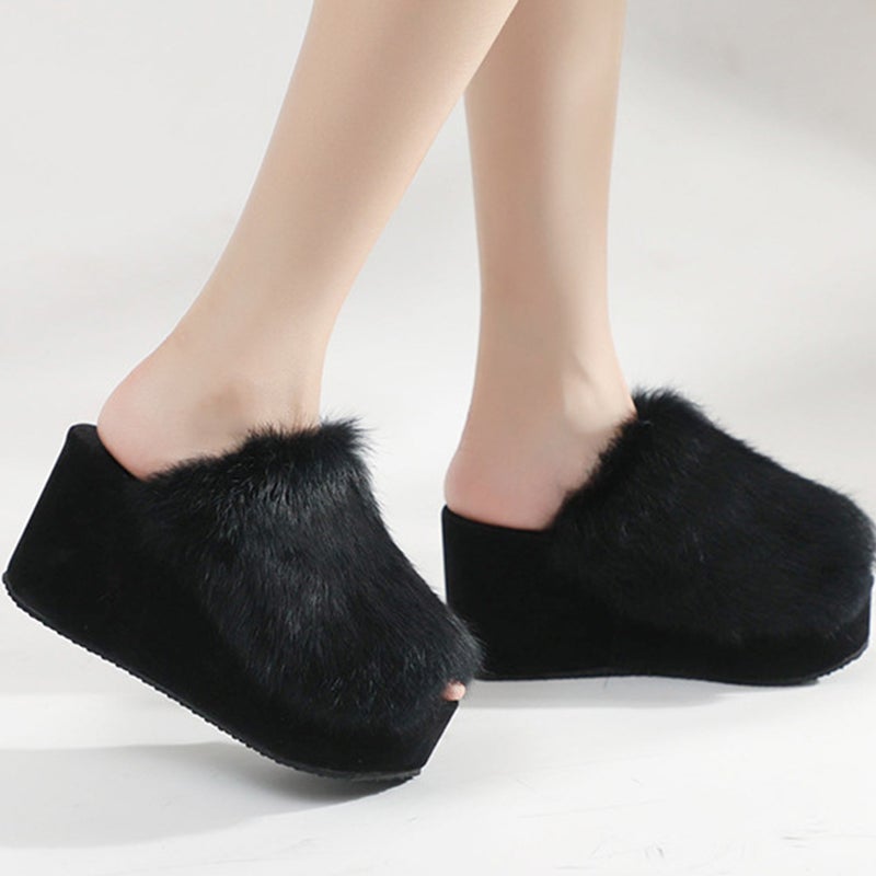 1 Pair Thick Sole Plush Slippers Female High-heeled Slippers Footwear (Black) - Image 5