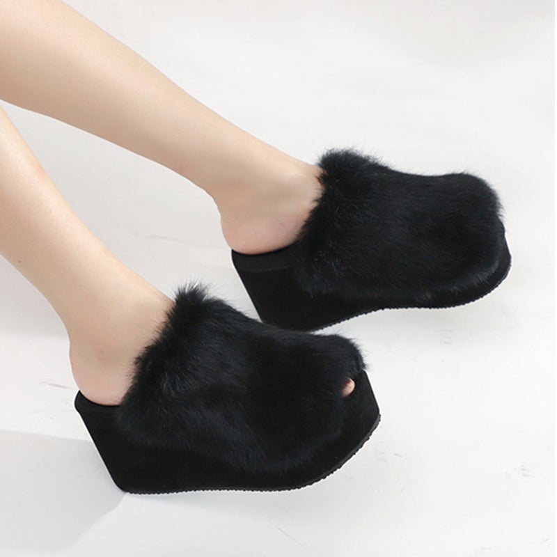 1 Pair Thick Sole Plush Slippers Female High-heeled Slippers Footwear (Black) - Image 4