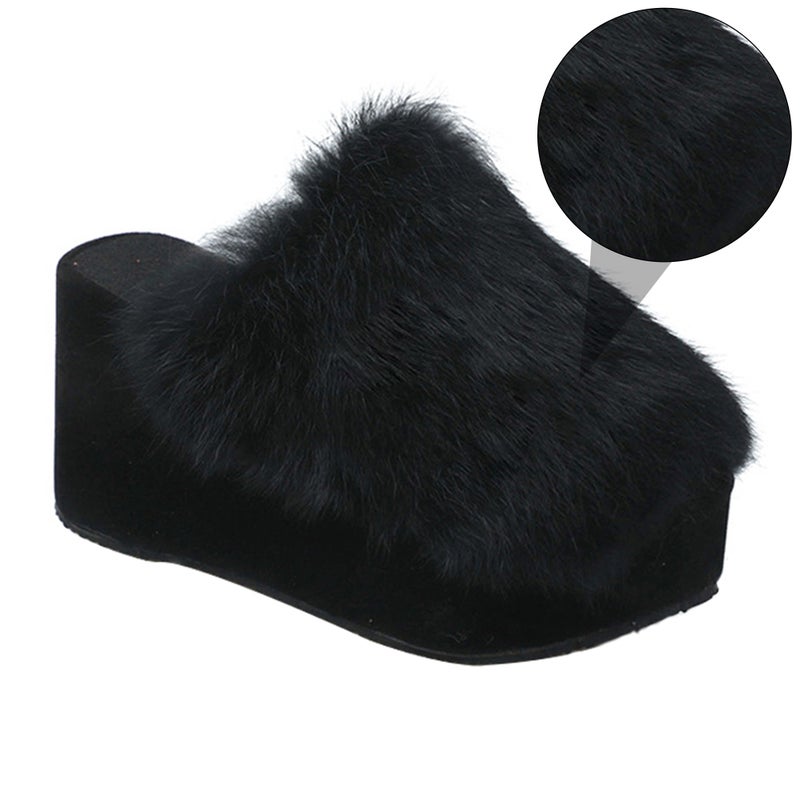 1 Pair Thick Sole Plush Slippers Female High-heeled Slippers Footwear (Black) - Image 2