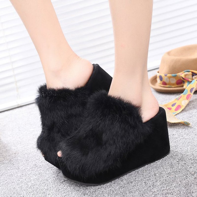 1 Pair Thick Sole Plush Slippers Female High-heeled Slippers Footwear (Black) - Image 1