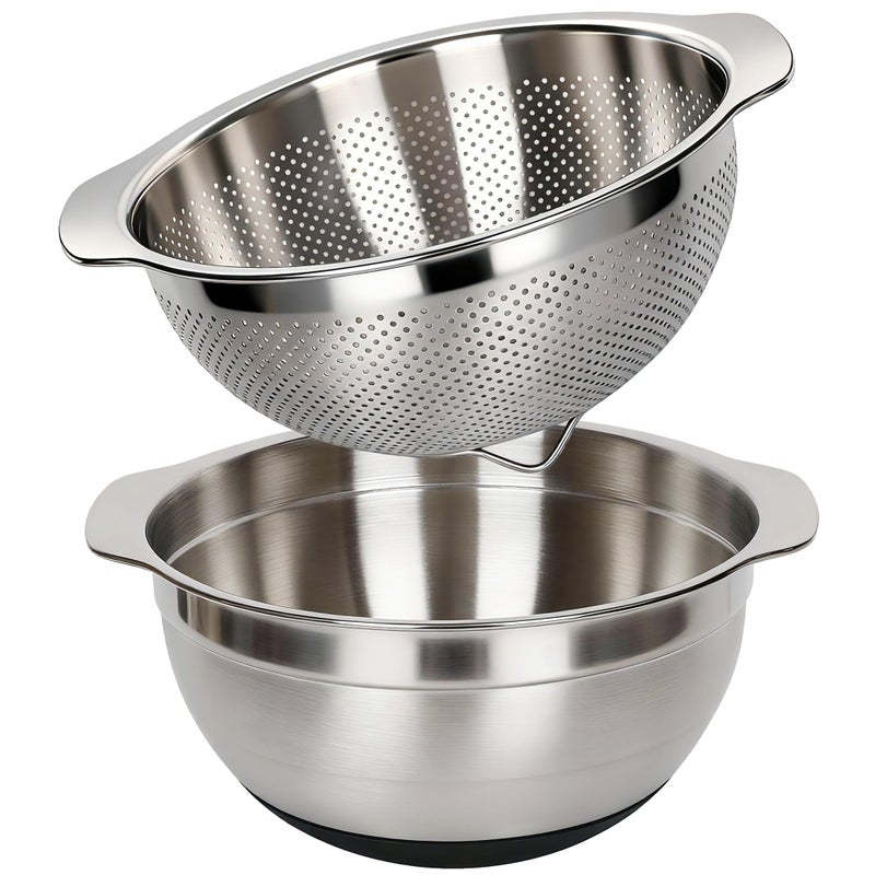 Qimh 304 Stainless Steel Colander, 2.5 QT Capacity and 2.5 QT Mixing Bowl, Micropore Strainer for Washing Rice, Fruit, and Veggies, Perfect Draining for Cooked Pasta - Image 1