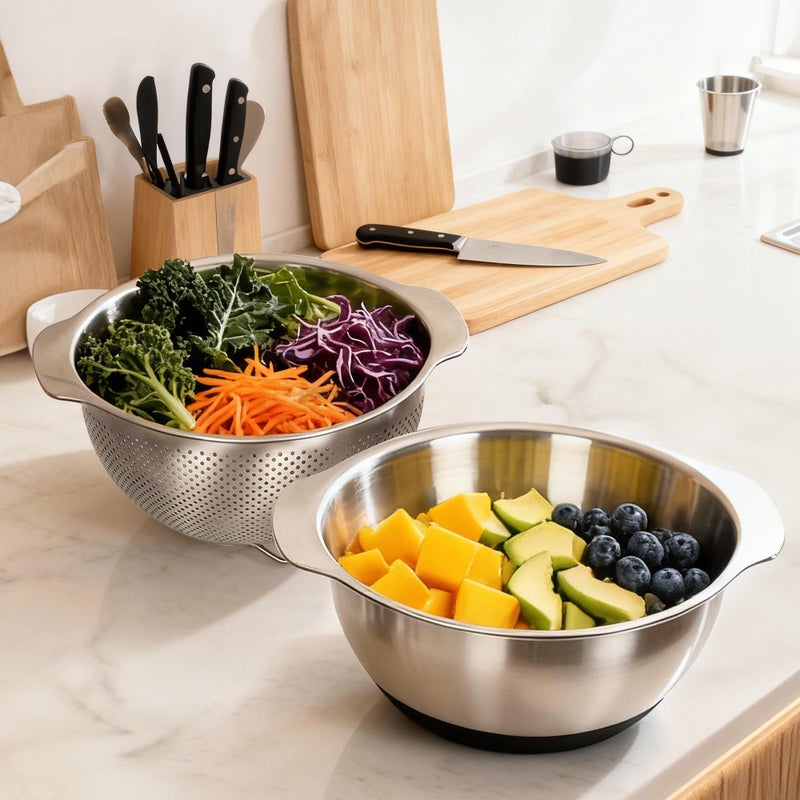 Qimh 304 Stainless Steel Colander, 2.5 QT Capacity and 2.5 QT Mixing Bowl, Micropore Strainer for Washing Rice, Fruit, and Veggies, Perfect Draining for Cooked Pasta - Image 3