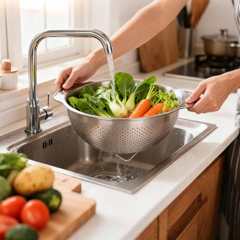 Qimh 304 Stainless Steel Colander, 2.5 QT Capacity and 2.5 QT Mixing Bowl, Micropore Strainer for Washing Rice, Fruit, and Veggies, Perfect Draining for Cooked Pasta - Image 2