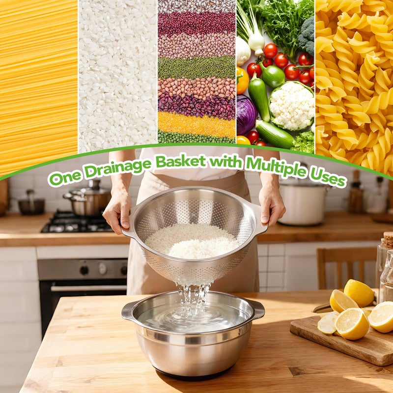 Qimh 304 Stainless Steel Colander, 2.5 QT Capacity and 2.5 QT Mixing Bowl, Micropore Strainer for Washing Rice, Fruit, and Veggies, Perfect Draining for Cooked Pasta - Image 4