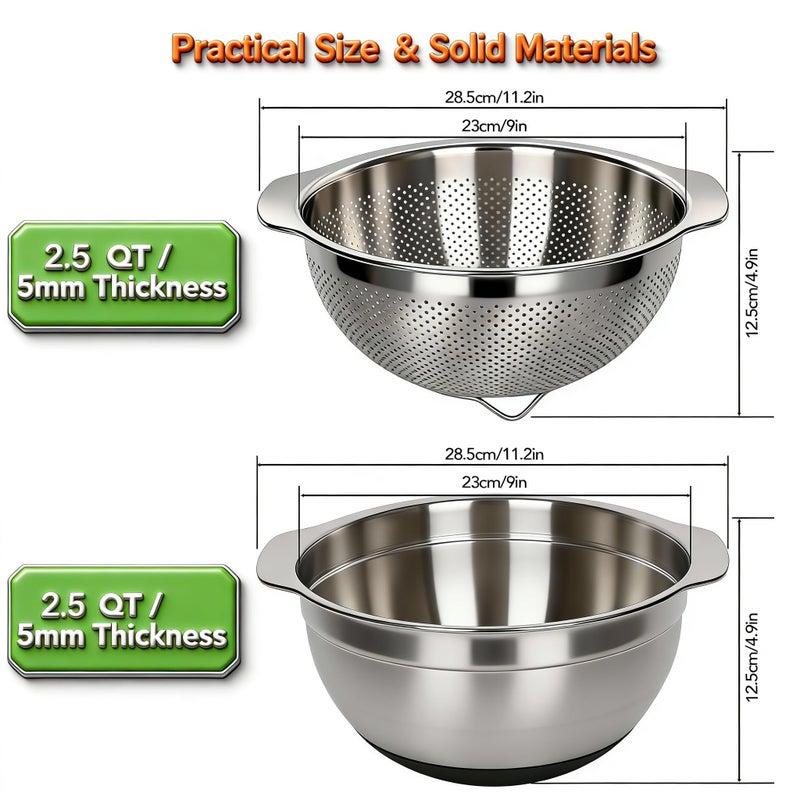 Qimh 304 Stainless Steel Colander, 2.5 QT Capacity and 2.5 QT Mixing Bowl, Micropore Strainer for Washing Rice, Fruit, and Veggies, Perfect Draining for Cooked Pasta - Image 5