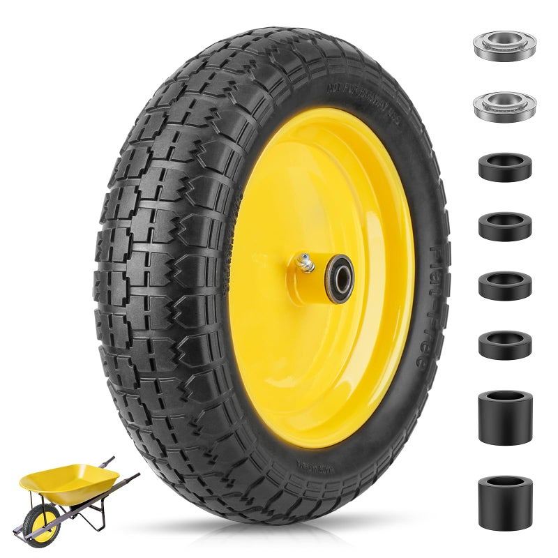 TICONN 4.80/4.00-8 Tire, 14.5" Flat Free Wheelbarrow Tire and Wheel, Solid Replacement Tires with 3" Centered Hub, 5/8" 3/4" Bearings, Universal Fit 4.80/4.00-8, 3.50/3.00-8, 4.00-6 (Yellow) - Image 1