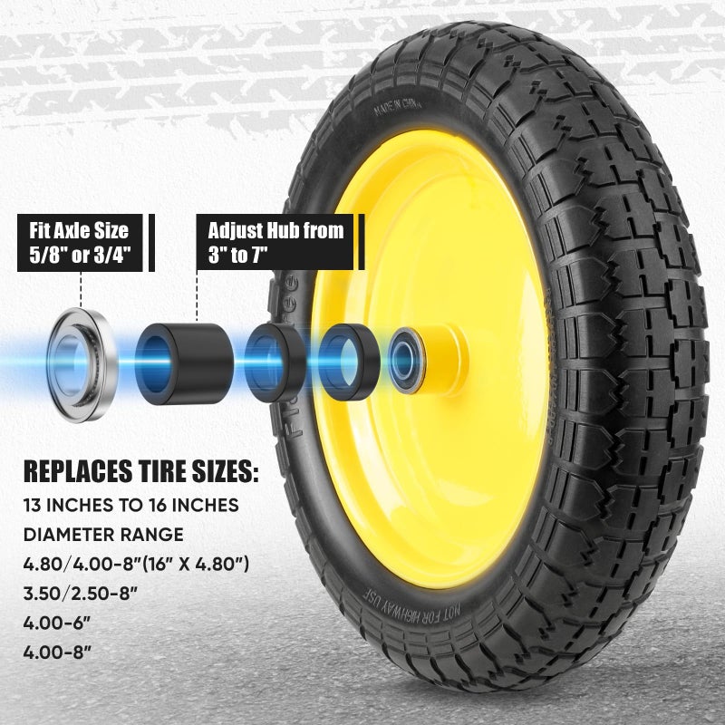 TICONN 4.80/4.00-8 Tire, 14.5" Flat Free Wheelbarrow Tire and Wheel, Solid Replacement Tires with 3" Centered Hub, 5/8" 3/4" Bearings, Universal Fit 4.80/4.00-8, 3.50/3.00-8, 4.00-6 (Yellow) - Image 3