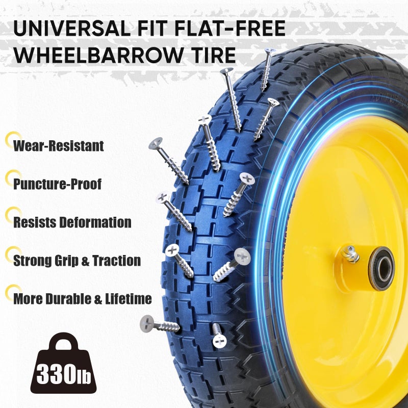 TICONN 4.80/4.00-8 Tire, 14.5" Flat Free Wheelbarrow Tire and Wheel, Solid Replacement Tires with 3" Centered Hub, 5/8" 3/4" Bearings, Universal Fit 4.80/4.00-8, 3.50/3.00-8, 4.00-6 (Yellow) - Image 5