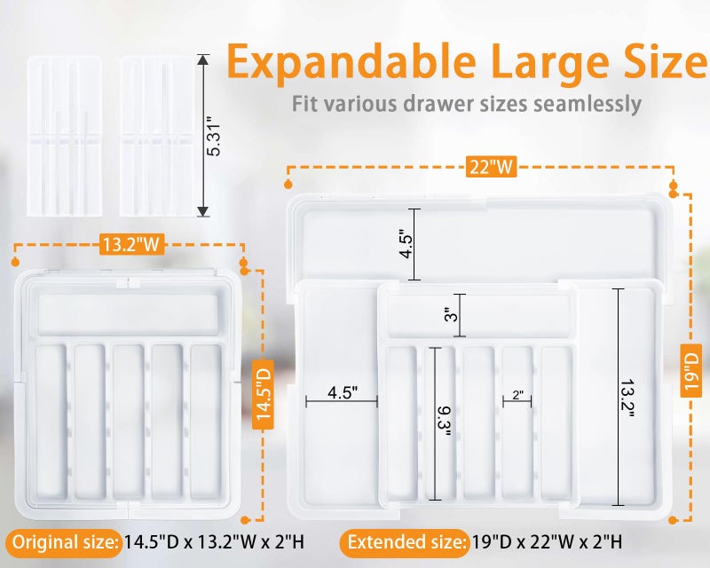 Homecor Silverware Organizer for Kitchen Drawer, Expandable Utensil Drawer Organizer with 2 Knife Block, Flatware and Cutlery Holder, Adjustable Plastic Storage for Spoons Forks Knives - Image 2