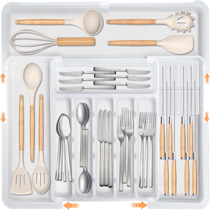 Homecor Silverware Organizer for Kitchen Drawer, Expandable Utensil Drawer Organizer with 2 Knife Block, Flatware and Cutlery Holder, Adjustable Plastic Storage for Spoons Forks Knives - Image 1