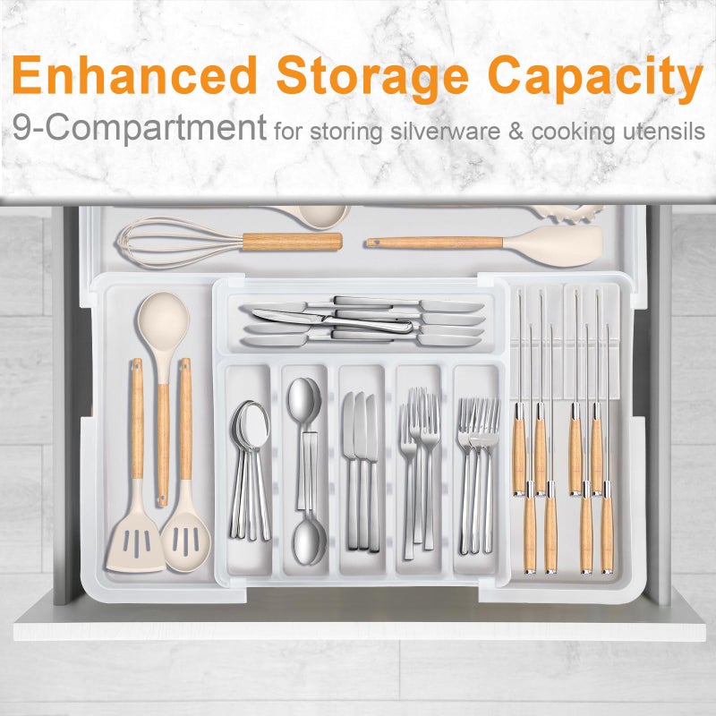 Homecor Silverware Organizer for Kitchen Drawer, Expandable Utensil Drawer Organizer with 2 Knife Block, Flatware and Cutlery Holder, Adjustable Plastic Storage for Spoons Forks Knives - Image 4