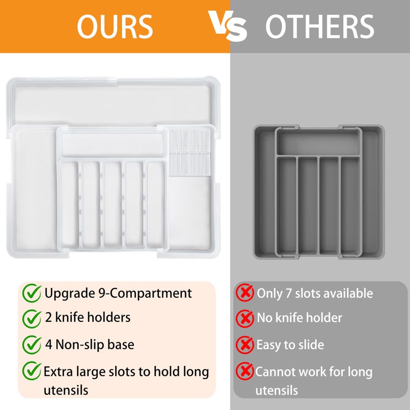 Homecor Silverware Organizer for Kitchen Drawer, Expandable Utensil Drawer Organizer with 2 Knife Block, Flatware and Cutlery Holder, Adjustable Plastic Storage for Spoons Forks Knives - Image 3