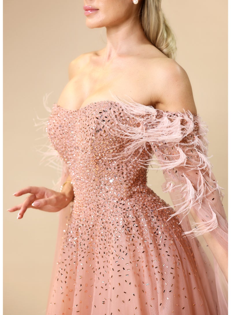 FAIZ COUTURE Rose Radiance – Blush Pink Embellished Gown with Feathered Cape Sleeves - Image 3