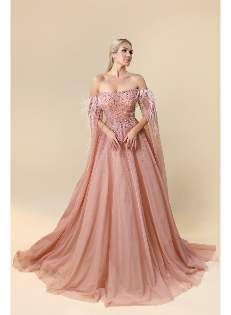 FAIZ COUTURE Rose Radiance – Blush Pink Embellished Gown with Feathered Cape Sleeves - Image 1