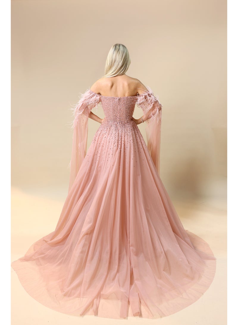 FAIZ COUTURE Rose Radiance – Blush Pink Embellished Gown with Feathered Cape Sleeves - Image 4