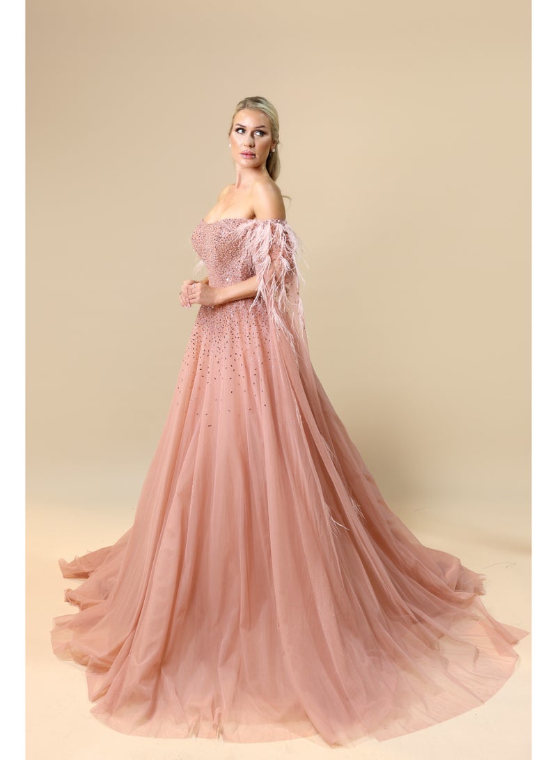 FAIZ COUTURE Rose Radiance – Blush Pink Embellished Gown with Feathered Cape Sleeves - Image 2