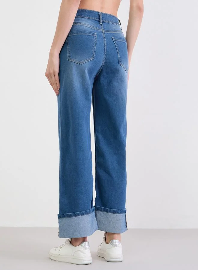 Styli Medium Blue Turn-Up Hem Straight Leg Jeans for Women | Best Price UAE