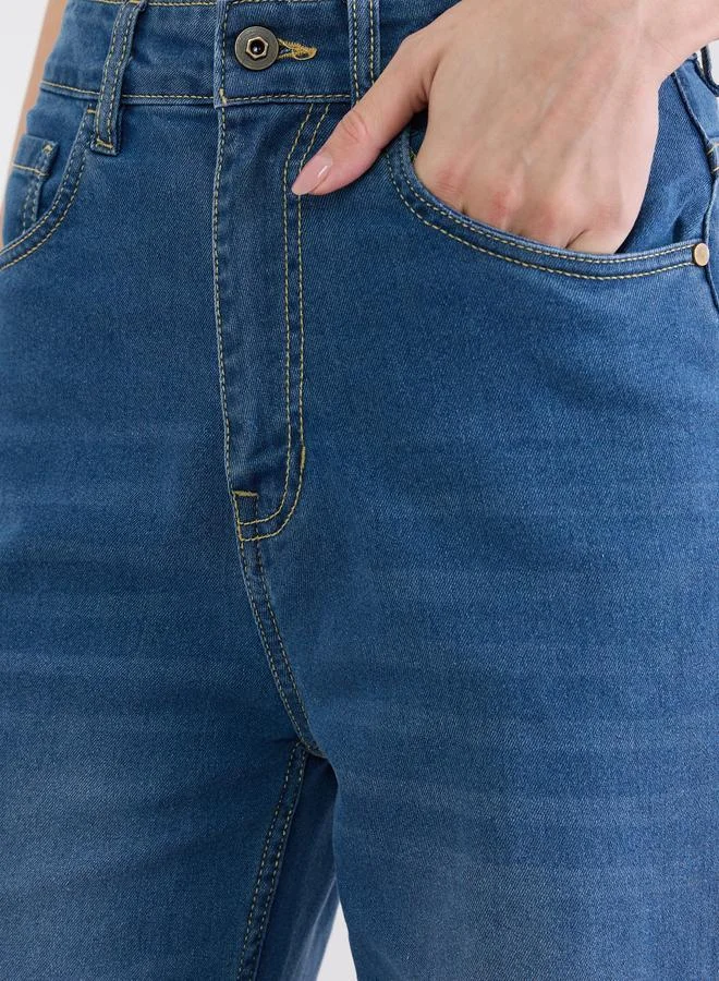 Styli Medium Blue Turn-Up Hem Straight Leg Jeans for Women | Best Price UAE