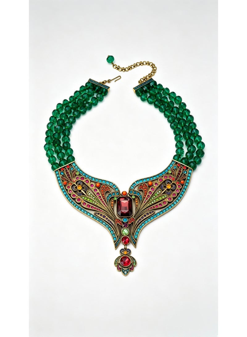 Vintage Multi‑Layer Green Beaded Choker Necklace, Bohemian Ethnic Statement Necklace, Colorful Rhinestone Inlaid Bib Necklace for Women Wedding Party Jewelry Gift
