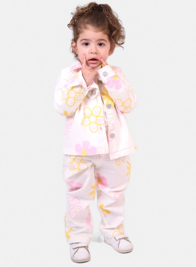 Baby Girls Gabardine Pants – Offwhite with Flowers