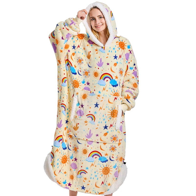 Wearable Blanket Hoodie Oversized  birthday gifts for AdultsWomenmom Flannel Cozy Sherpa Fleece Blanket Sweatshirt with Hood Pocket  Sleeves One Size Fits All Rainbow