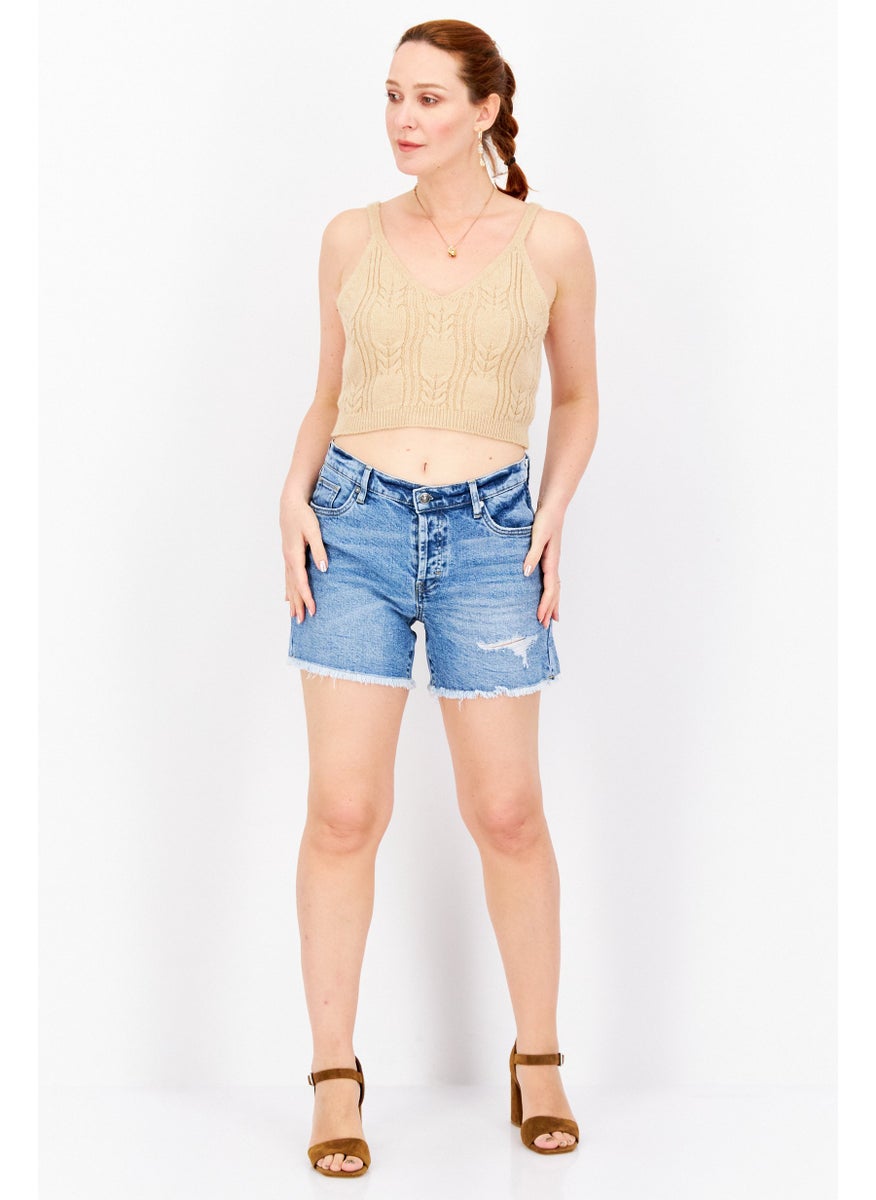 Earnest Sewn Women Washed Denim Shorts, Blue  - Image 3