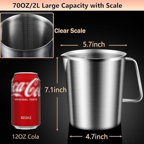 XDONEF Stainless Steel Pitcher with Lid, 70 oz Large Metal Measuring Cup with Handle, 8 Cup Milk Frothing Jug 2 Liter Water Pitcher for Coffee Latte Art Cappuccino Espresso Machine Accessories - Image 3