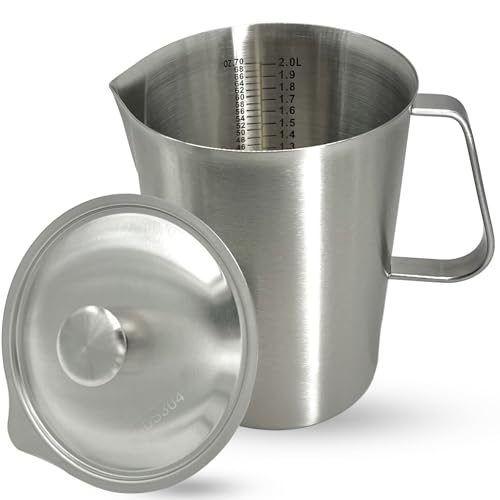 XDONEF Stainless Steel Pitcher with Lid, 70 oz Large Metal Measuring Cup with Handle, 8 Cup Milk Frothing Jug 2 Liter Water Pitcher for Coffee Latte Art Cappuccino Espresso Machine Accessories - Image 1