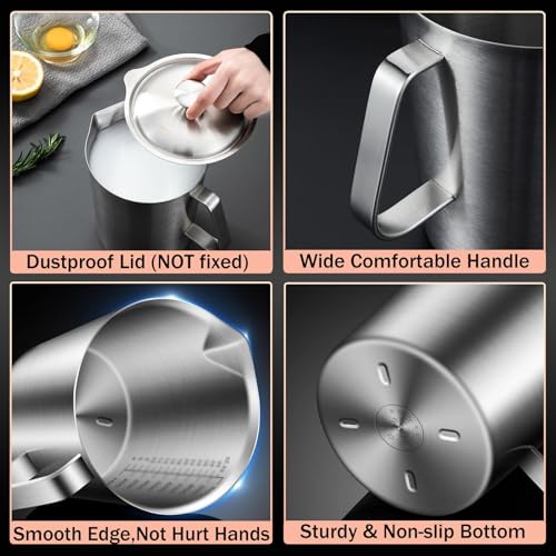 XDONEF Stainless Steel Pitcher with Lid, 70 oz Large Metal Measuring Cup with Handle, 8 Cup Milk Frothing Jug 2 Liter Water Pitcher for Coffee Latte Art Cappuccino Espresso Machine Accessories - Image 5