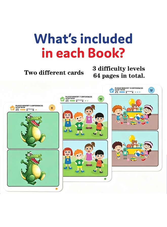 64 pages Montessori educational games， Focus Training Game Where You Find The Differences in Pictures,Spot the Difference Activity Book,2 Whiteboard Markers & 2 Erasers, 3 Difficulty Levels Brain Training Travel Toy for Kids Ages 3+ - Image 3