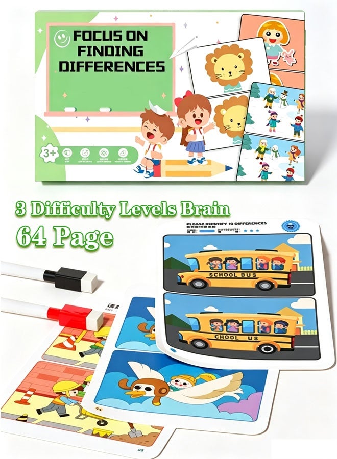 64 pages Montessori educational games， Focus Training Game Where You Find The Differences in Pictures,Spot the Difference Activity Book,2 Whiteboard Markers & 2 Erasers, 3 Difficulty Levels Brain Training Travel Toy for Kids Ages 3+ - Image 1