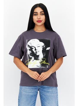 Women Crew Neck Short Sleeve Graphic Print T-Shirt, Grey Combo