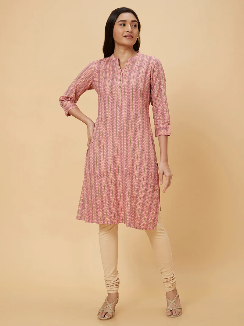 globus Women Pink Ethnic Motifs Printed Mandarin Collar Rolled-Up Sleeves Pure Cotton Kurta