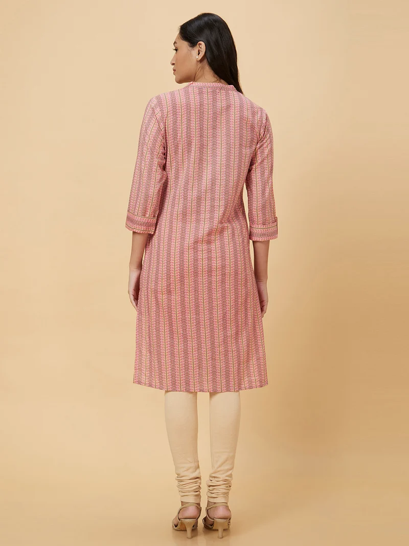 globus Women Pink Ethnic Motifs Printed Mandarin Collar Rolled-Up Sleeves Pure Cotton Kurta