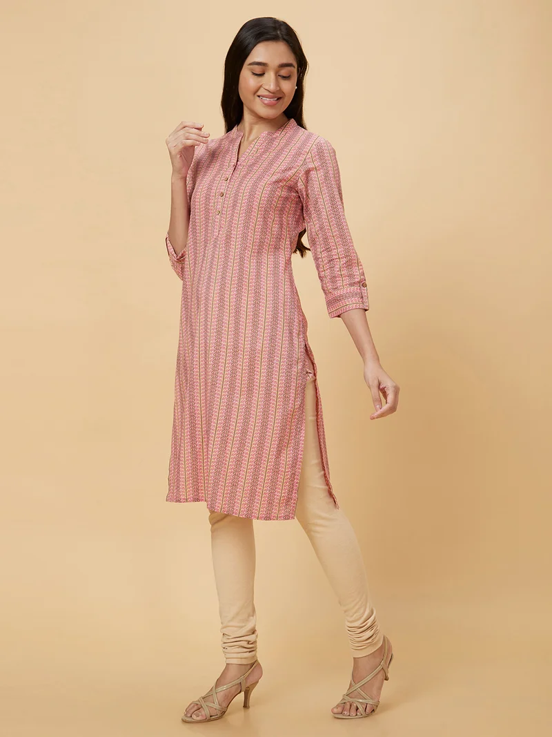 globus Women Pink Ethnic Motifs Printed Mandarin Collar Rolled-Up Sleeves Pure Cotton Kurta