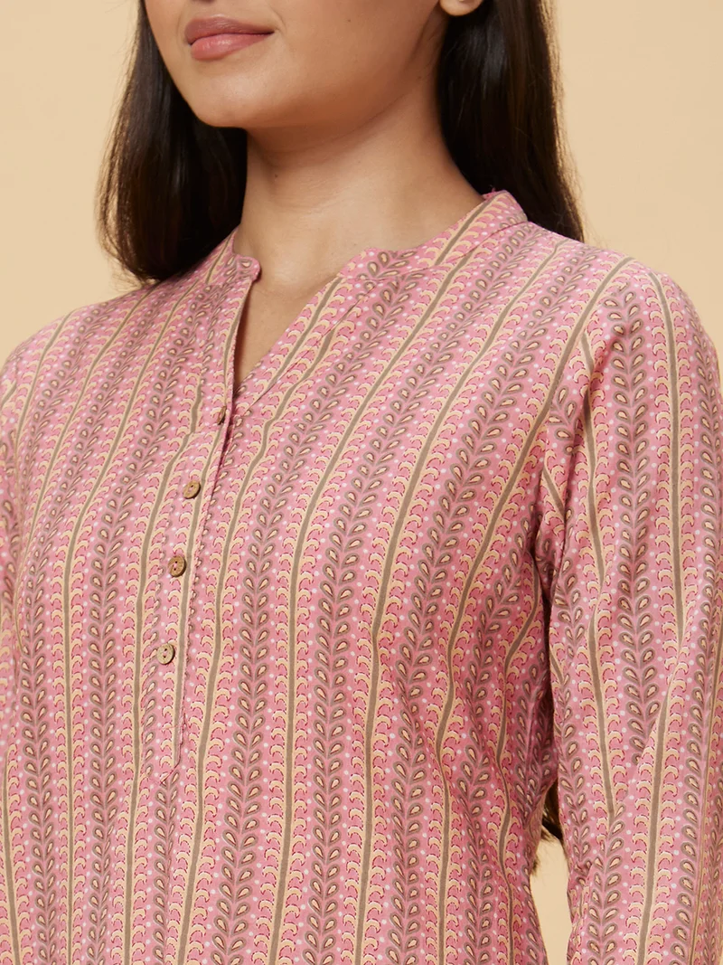 globus Women Pink Ethnic Motifs Printed Mandarin Collar Rolled-Up Sleeves Pure Cotton Kurta