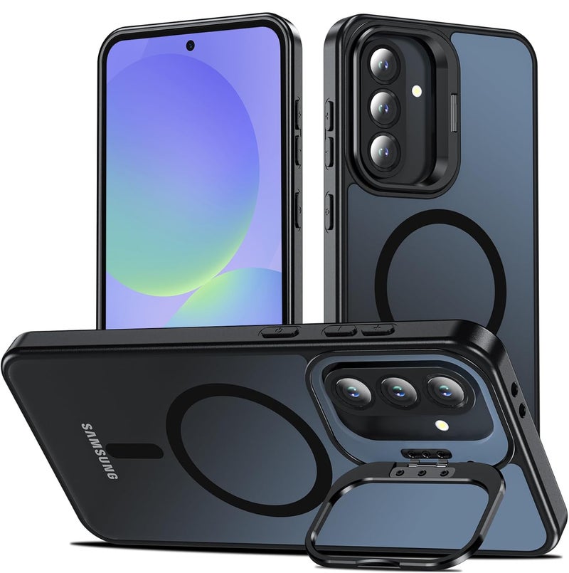 DIZORO Samsung Galaxy A56 Case Compatible with Wireless Charging, with Camera Stand, Military Grade Drop Tested,Translucent Hard Back Soft Edge Back Cover (Black) - Image 1