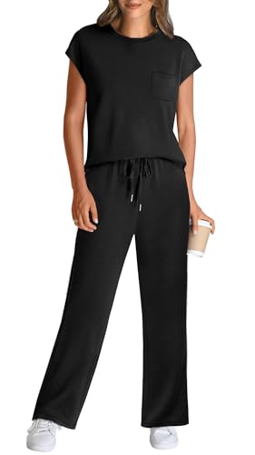 WIHOLL Workout Sets for Women 2 Piece Travel Airport Outfits on Plane Summer Business Casual Loungewear Ladies Cap Sleeve Wide Leg Pants Comfy Sets Resort Wear for Womens 2025 Clothing Black M - Image 2