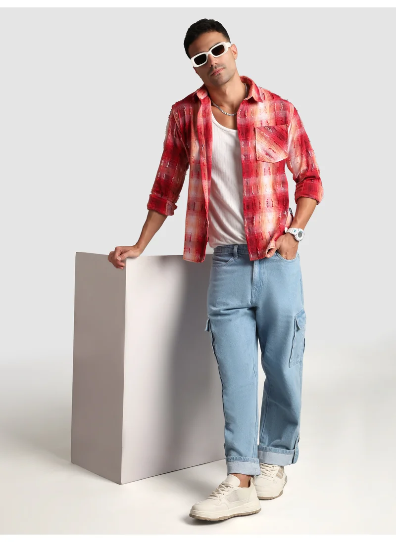 Beyoung Red Frayed Check Shirt