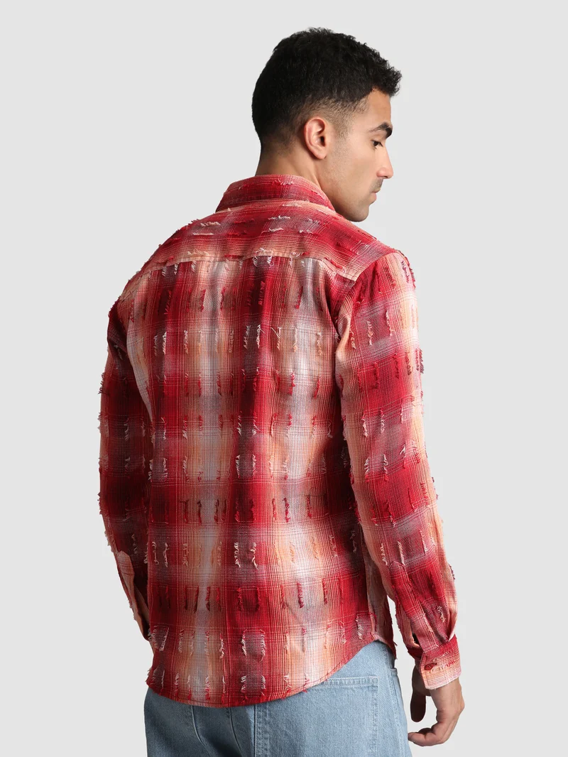 Beyoung Red Frayed Check Shirt